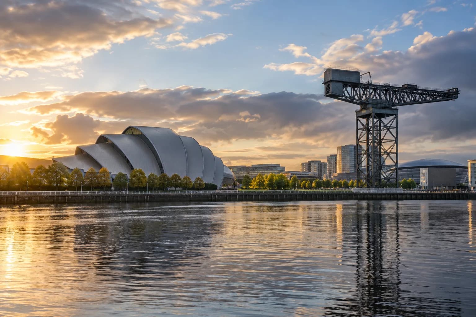 Glasgow's River Clyde waterfront in warm evening light