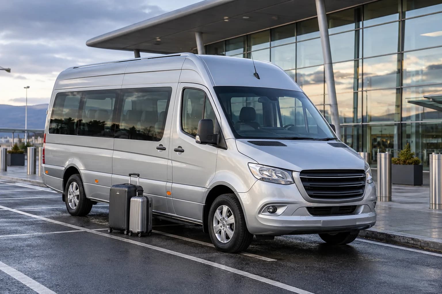 An unbranded executive minibus outside an illustrative Scottish airport terminal