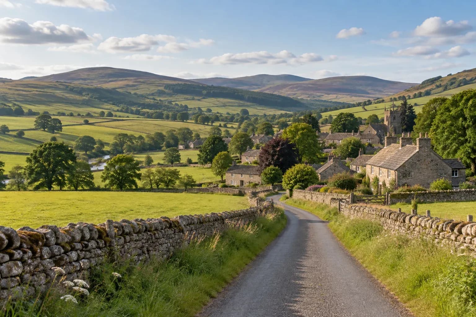 Rolling Scottish Borders countryside and a road towards a stone village