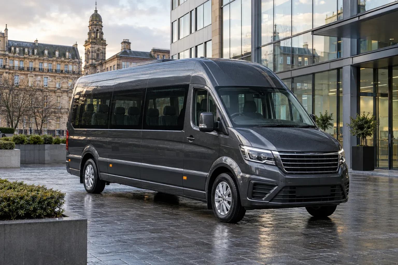 An executive minibus parked beside Glasgow office buildings