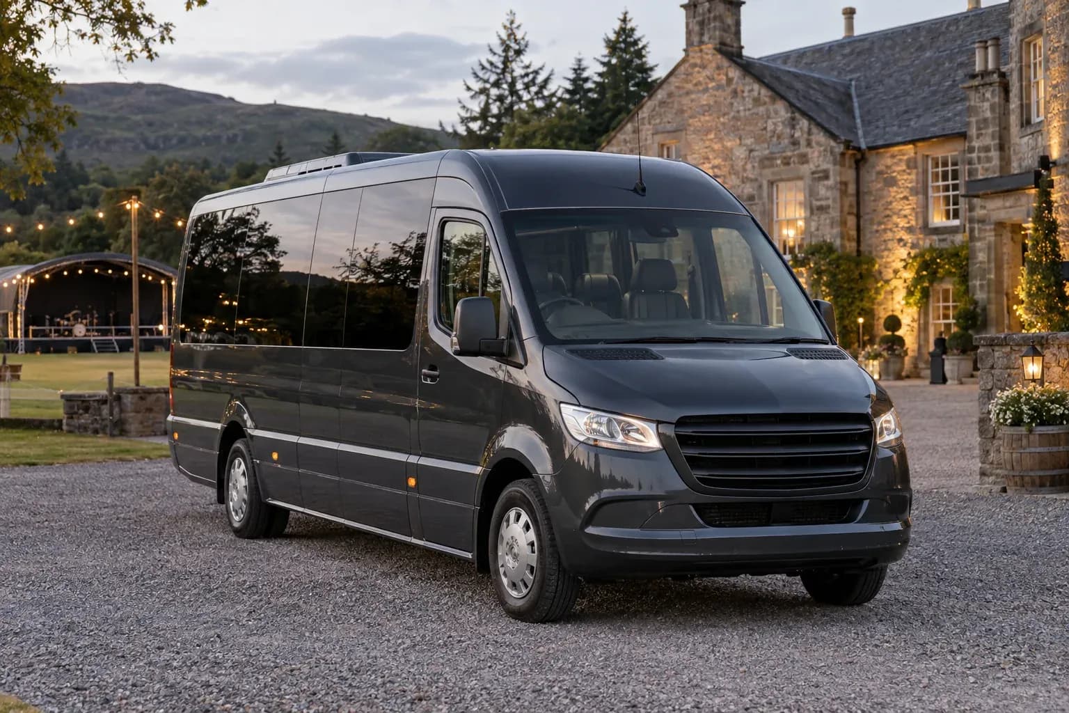 An executive minibus at a Scottish country-estate event venue