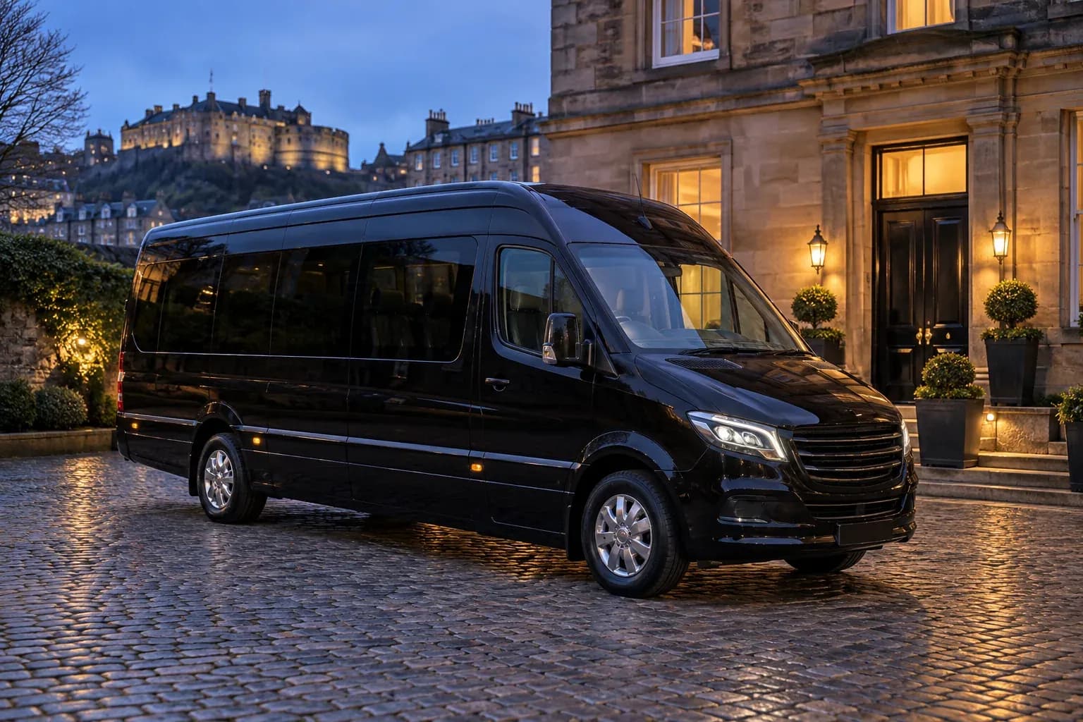 A black executive minibus in an Edinburgh sandstone hotel courtyard