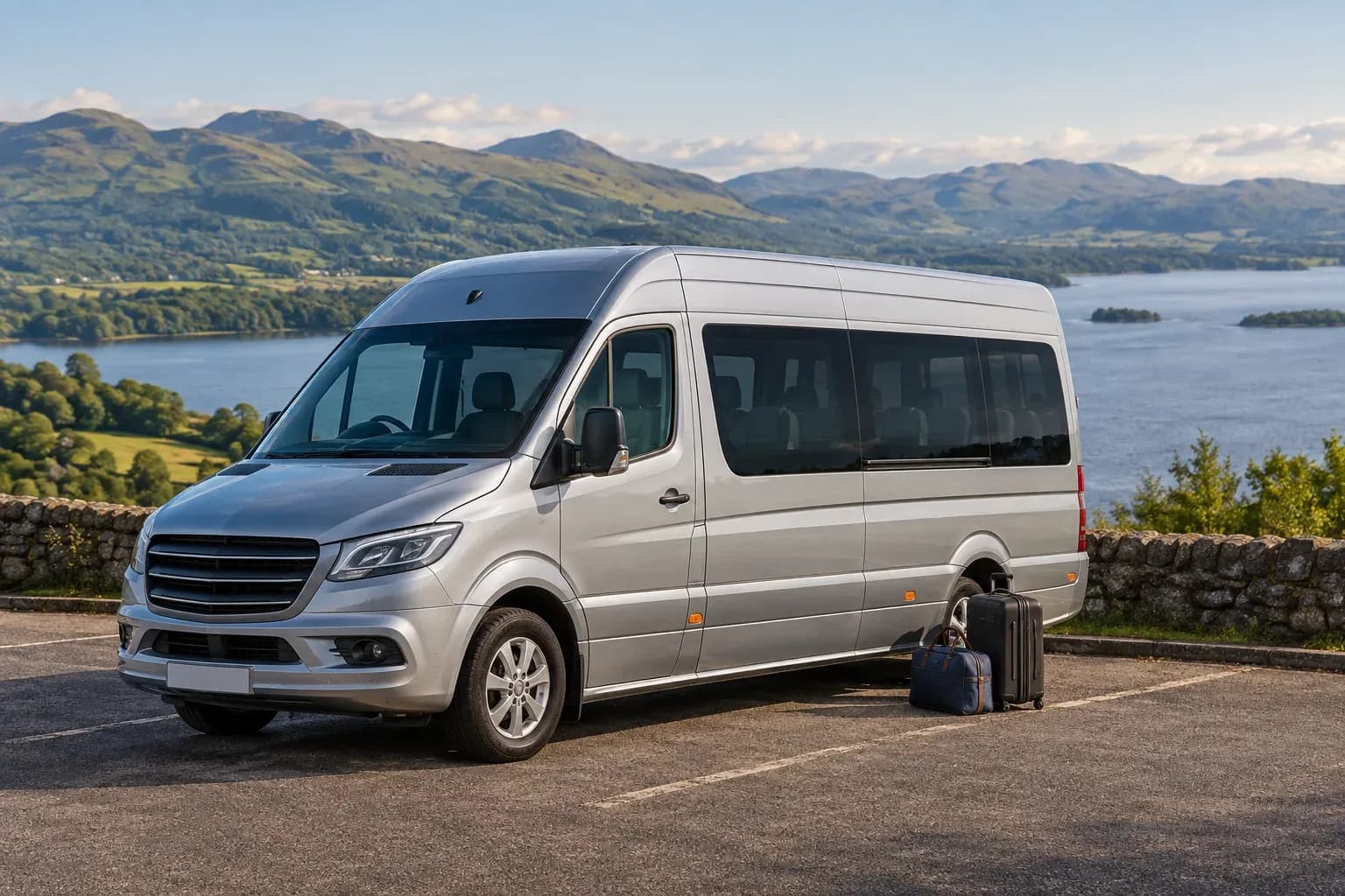 A silver executive minibus parked beside Loch Lomond