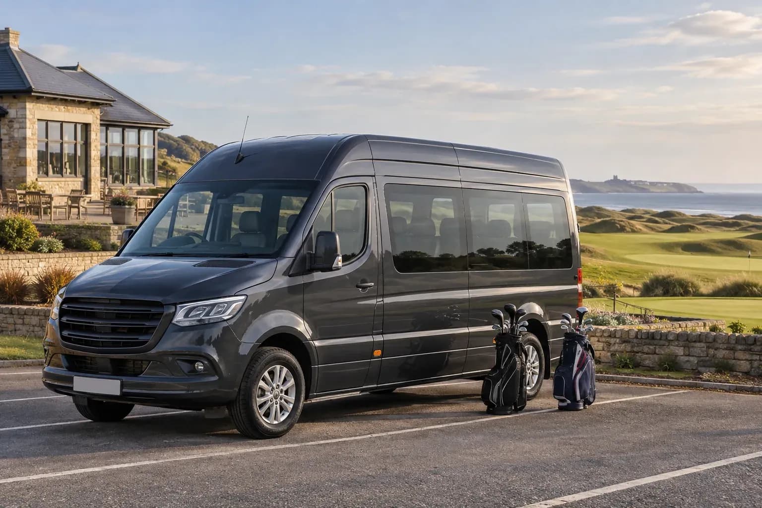 An executive minibus and golf bags beside a Scottish links course