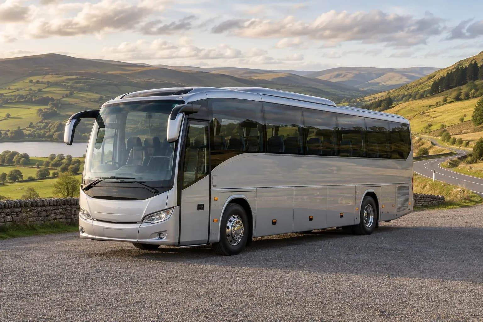 A touring coach at a rest area in the Scottish Borders