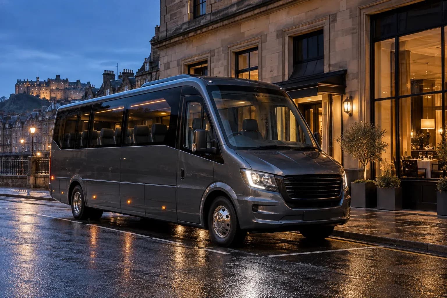 An executive minibus outside a Scottish restaurant at dusk