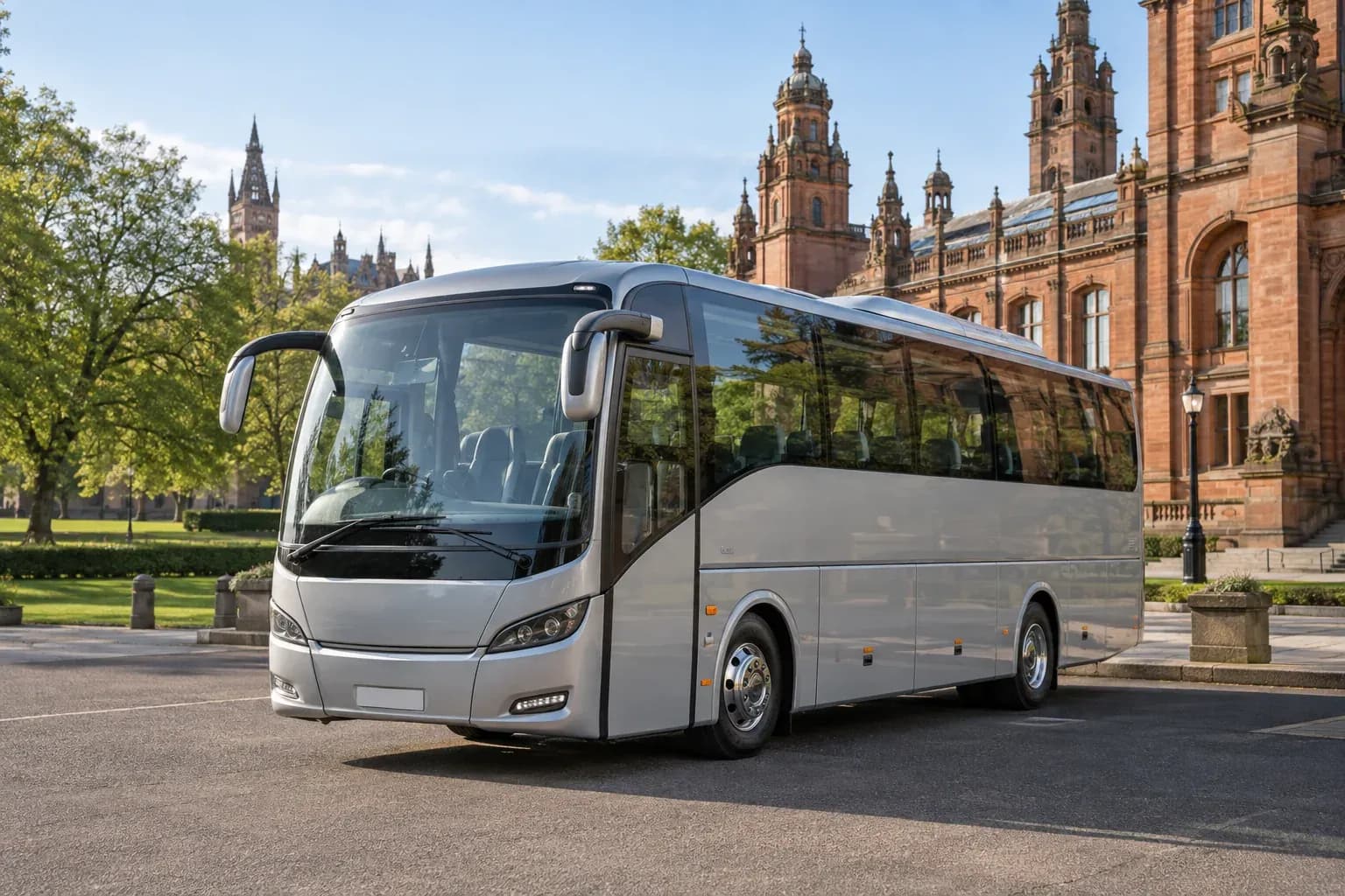 A touring coach near a red sandstone museum in Glasgow
