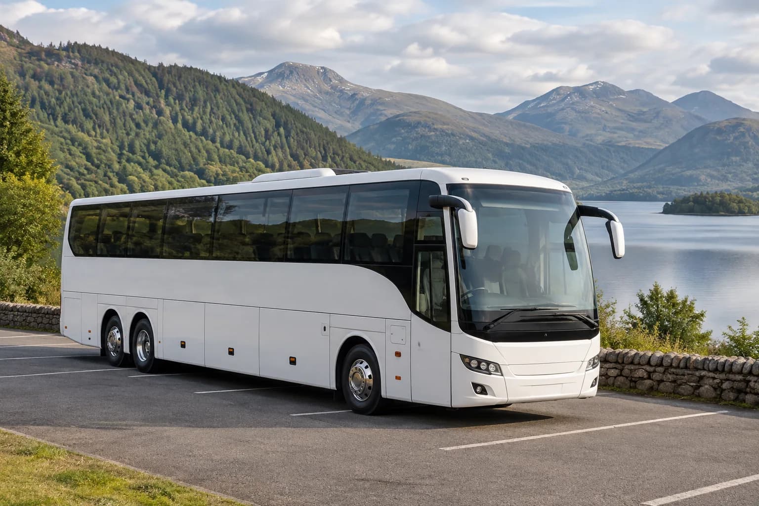 A touring coach parked at a Scottish loch viewpoint