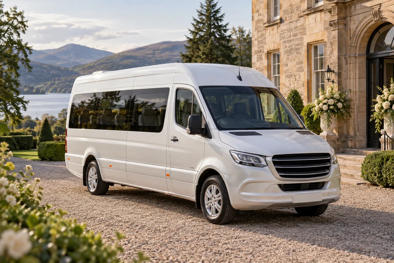 A white executive minibus outside a Scottish country-house wedding venue