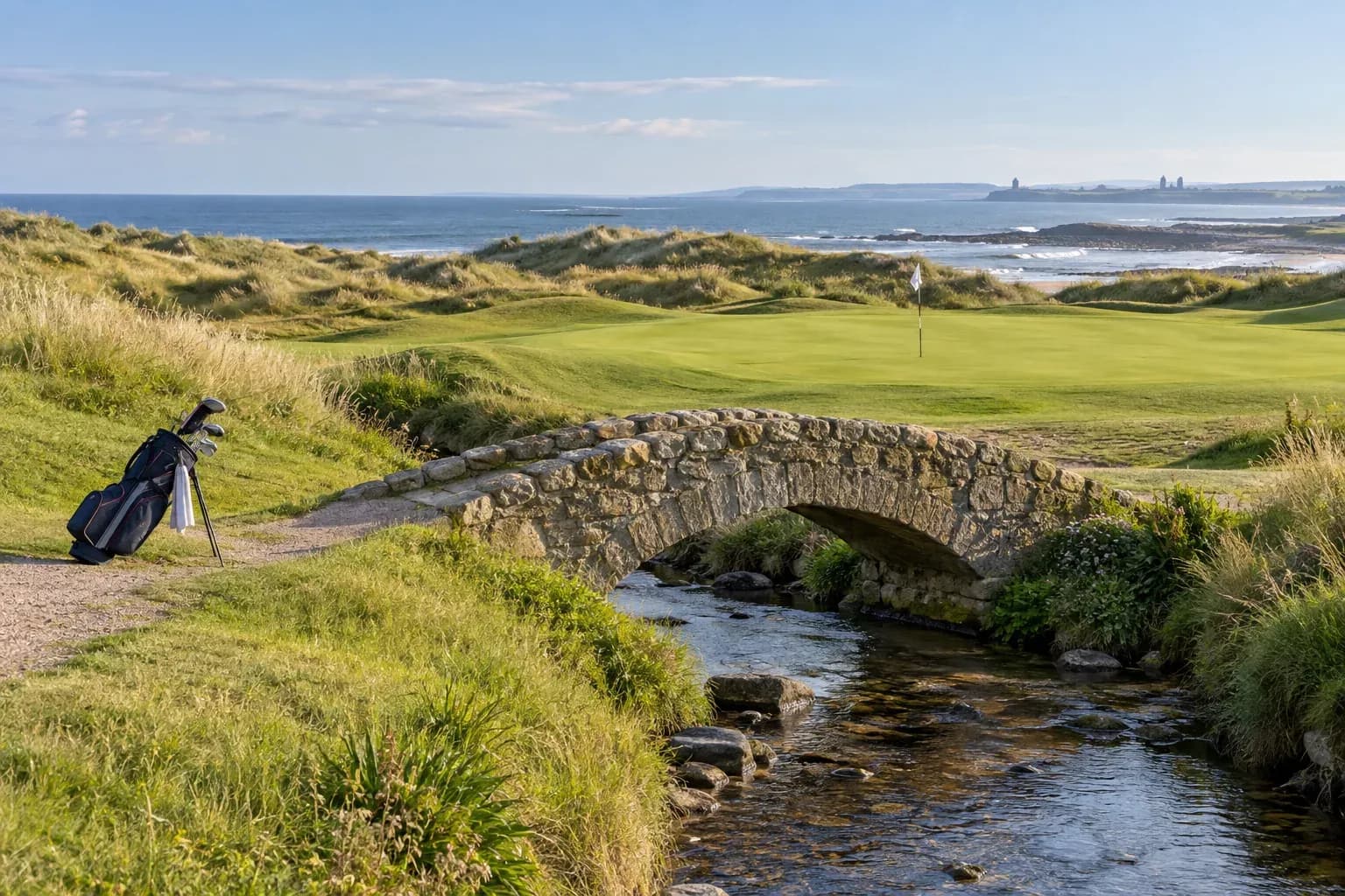 A coastal Scottish links golf course with a stone bridge and golf bag
