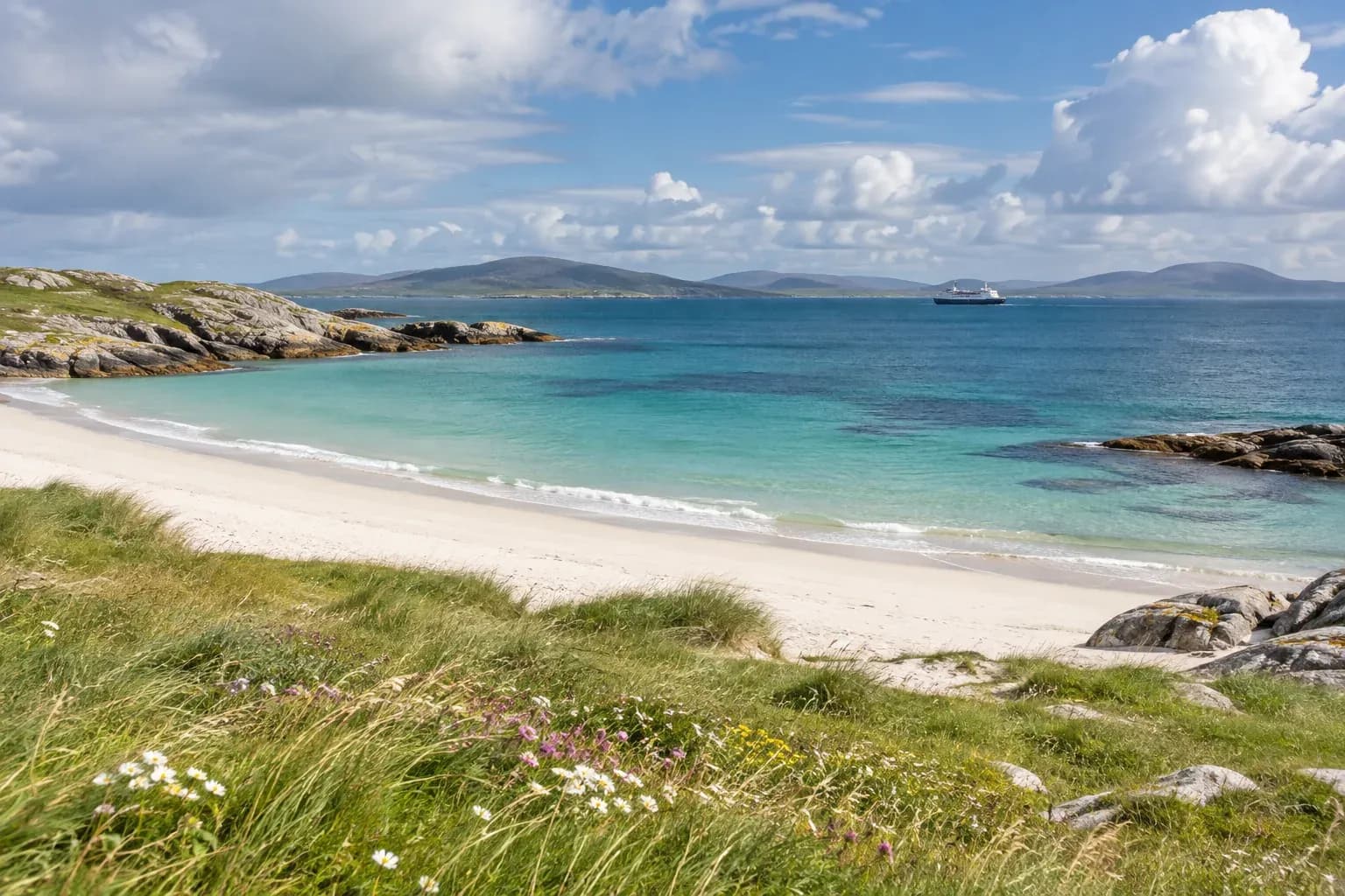 An illustrative Scottish island coast with white sand and a distant ferry