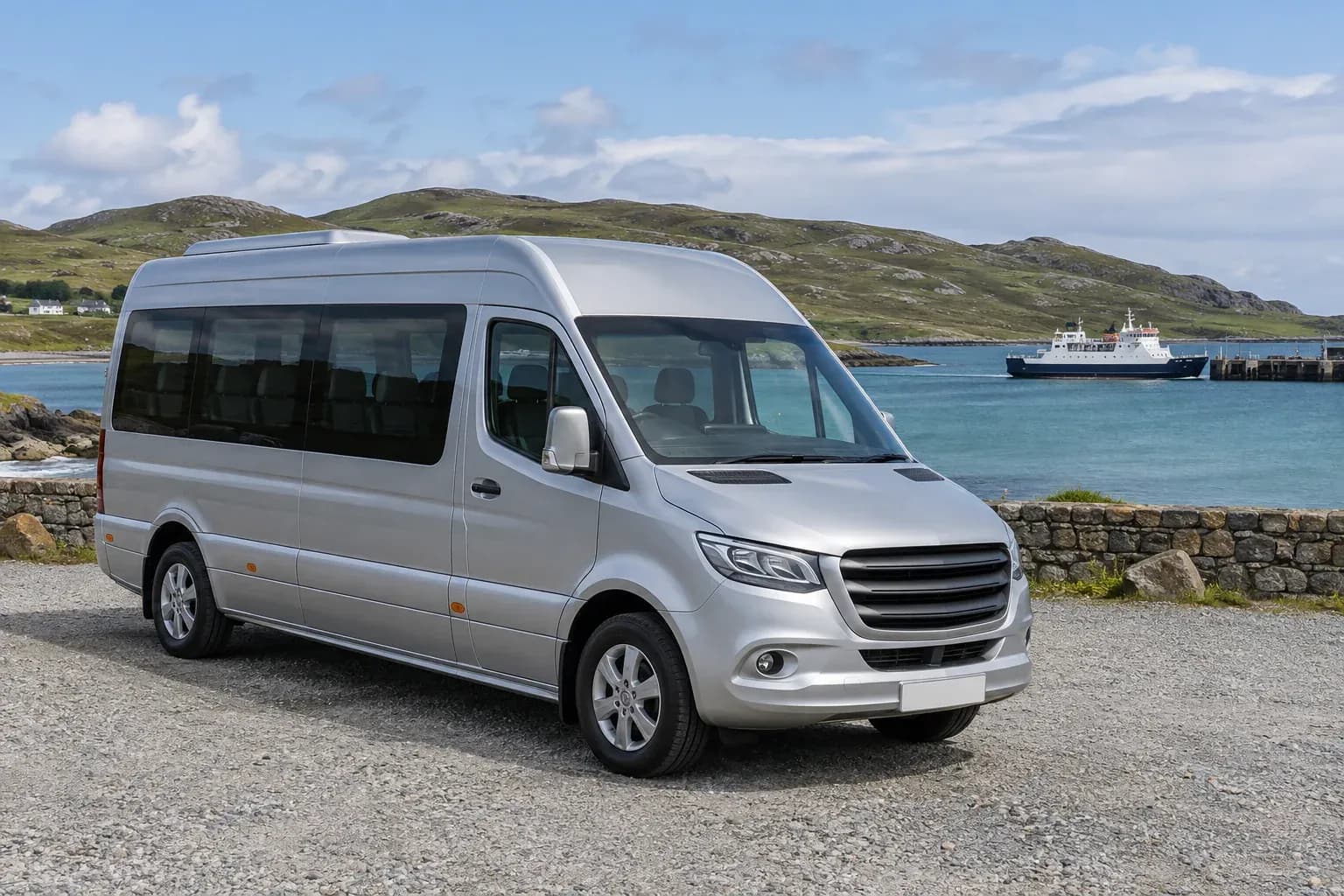 An executive minibus parked beside a Scottish island harbour